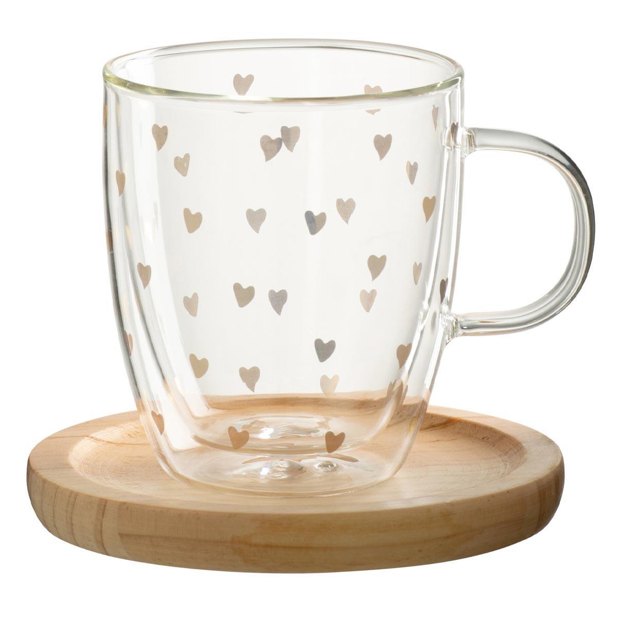 J-LINE Mug avec dessous de verre  cœur  40cl transparent