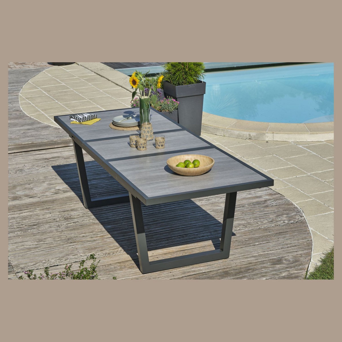 Table de jardin rectangulaire - 8/10 places - Aluminium et plateau céramique - Anthracite - OLHOS