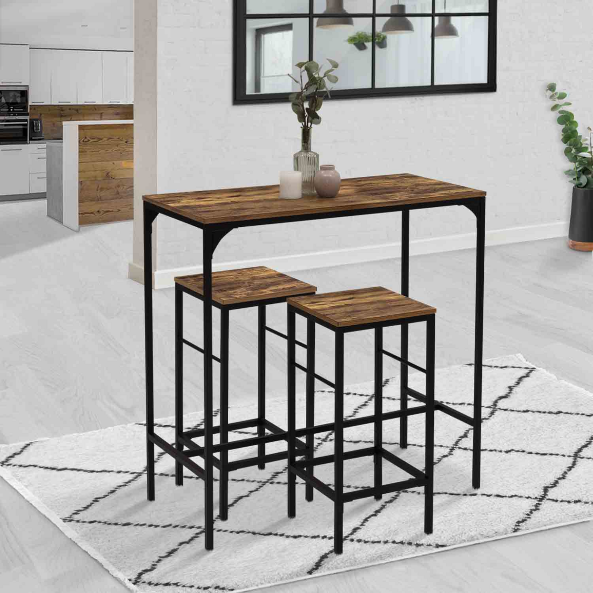 ID MARKET Ensemble table haute de bar DAYTON 95 cm et 2 tabourets effet vieilli design industriel