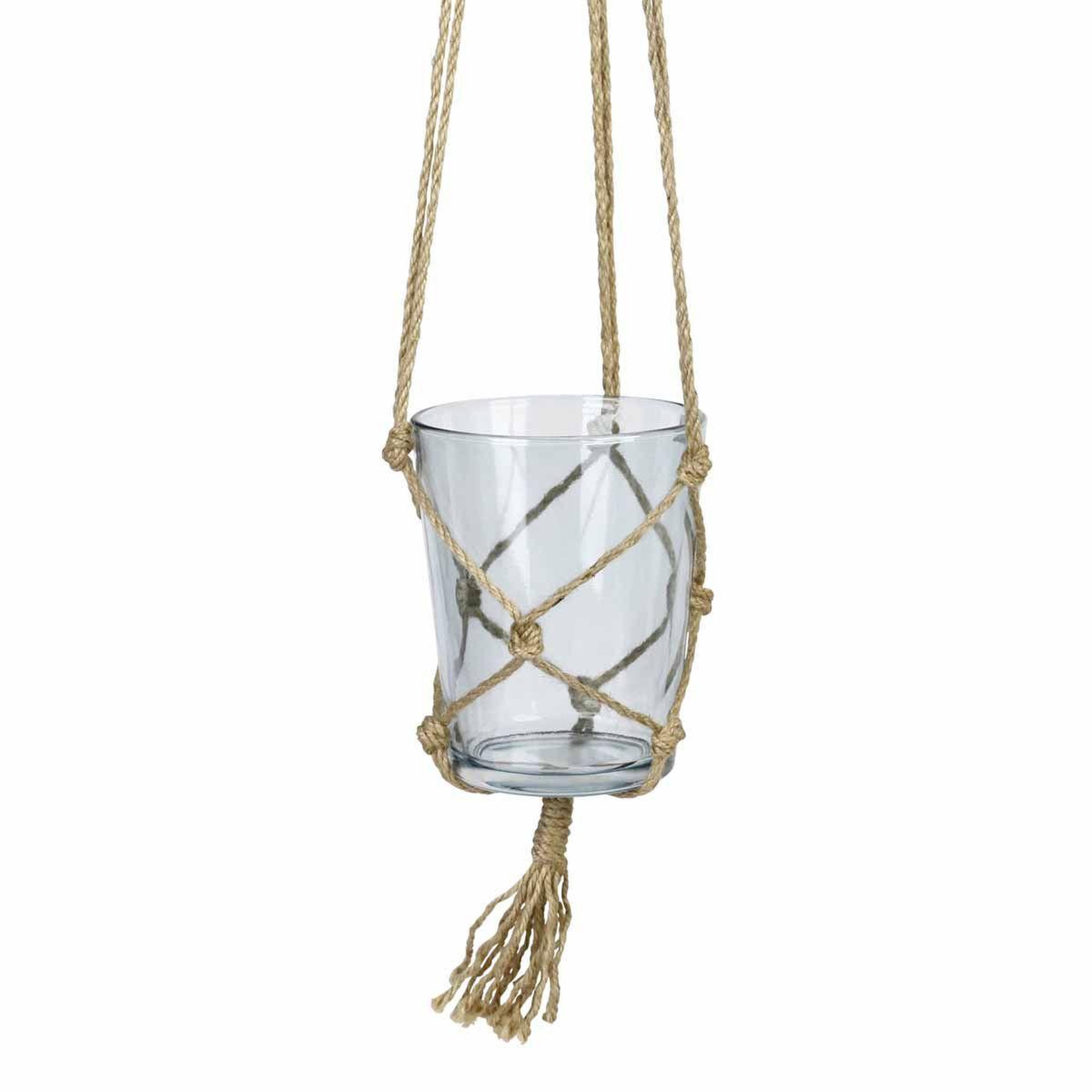 HOMEA Pot en verre suspendu  chanvre  13cm bleu ciel