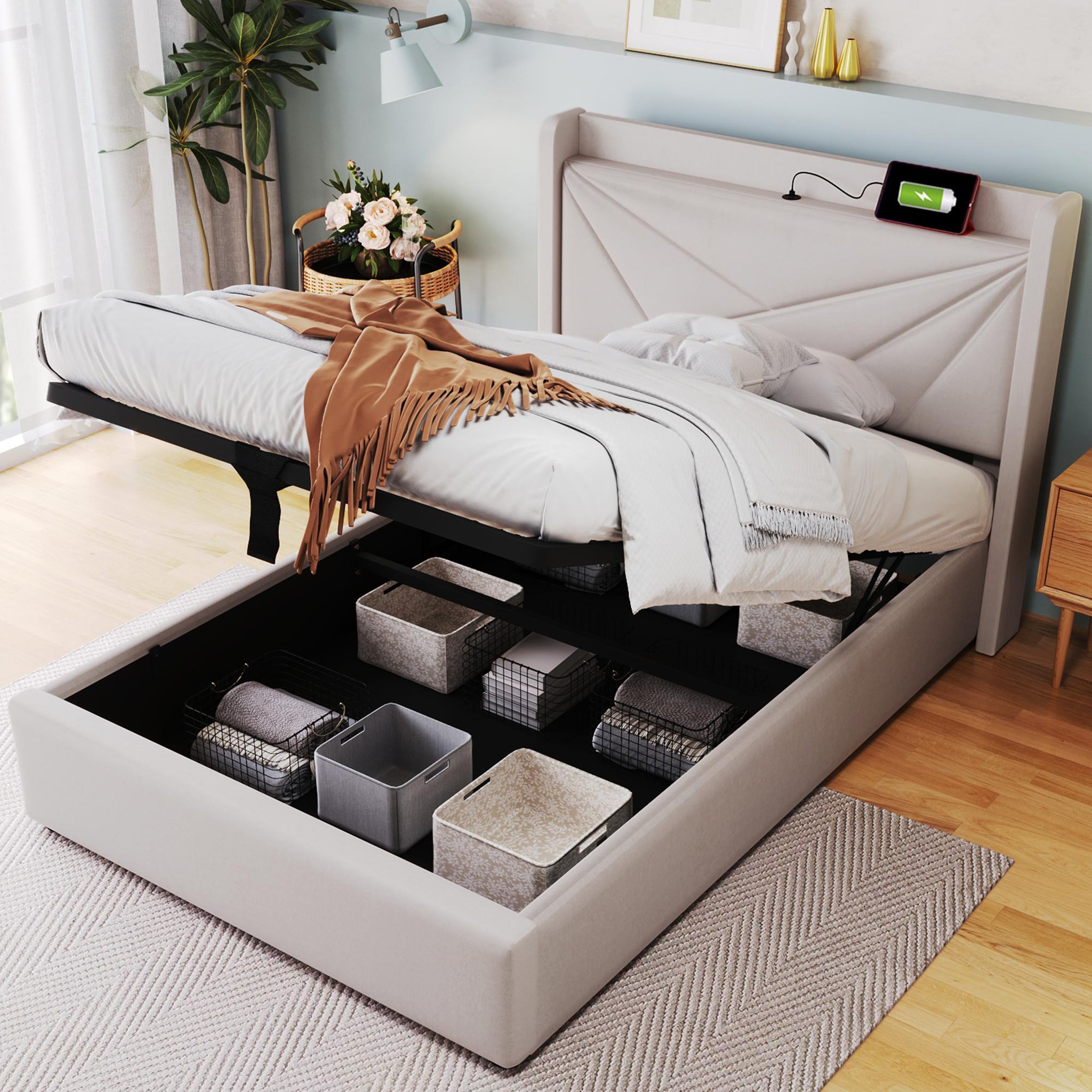 Voir la diapositive 1 : MERAX Lit coffre avec sommier et USB Lin