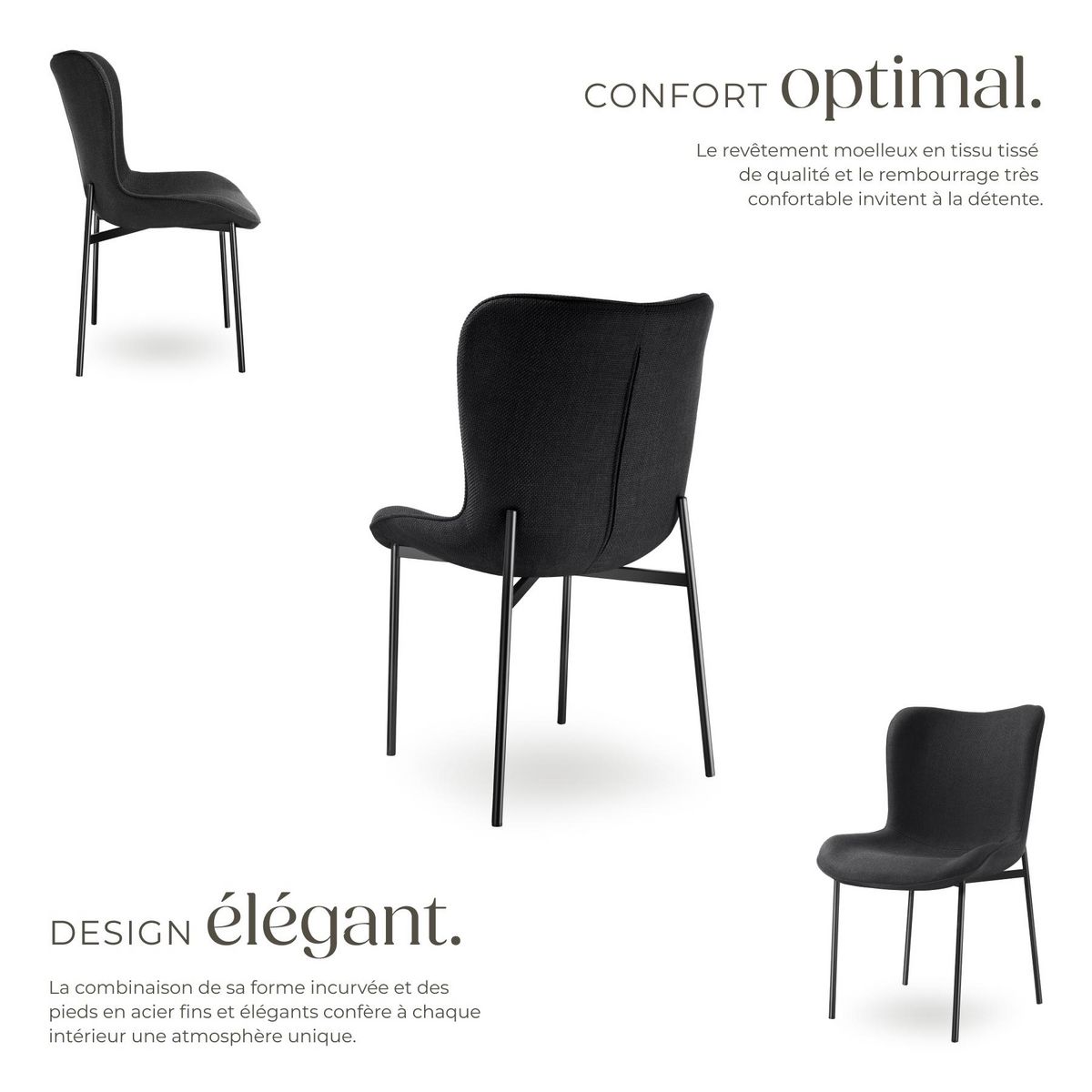 tectake Chaise rembourrée forme ergonomique avec dossier haut Tissu noir/noir Lot de 2