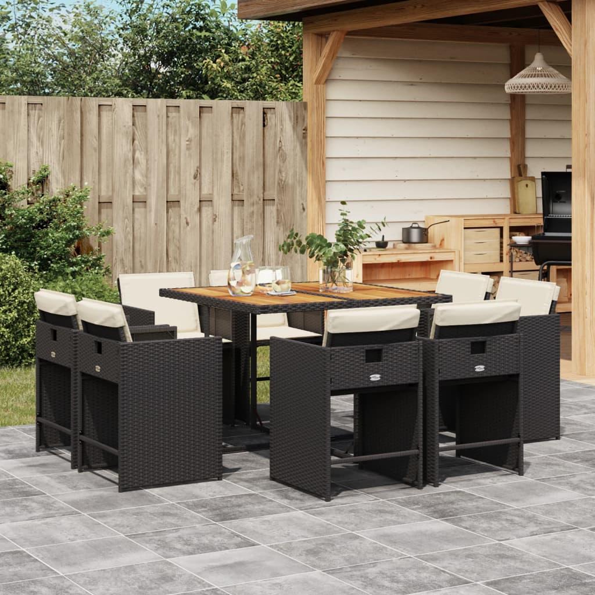 VIDAXL Ensemble a manger de jardin 9pcs coussins noir resine tressee
