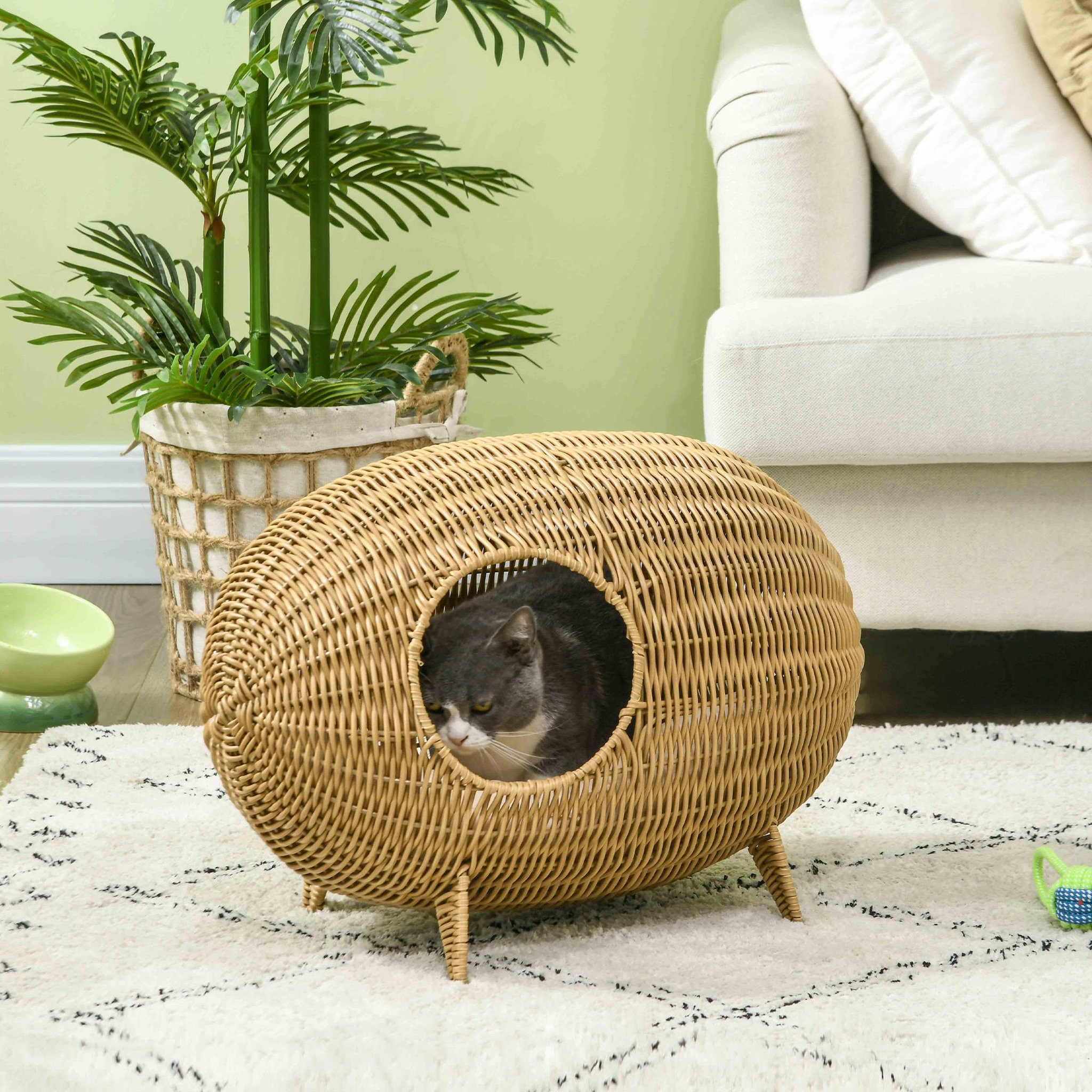 Voir la diapositive 2 : PAWHUT Panier pour chat en résine tressée imitation rotin grand confort dim. 55L x 36l x 42H cm coussin moelleux beige inclus