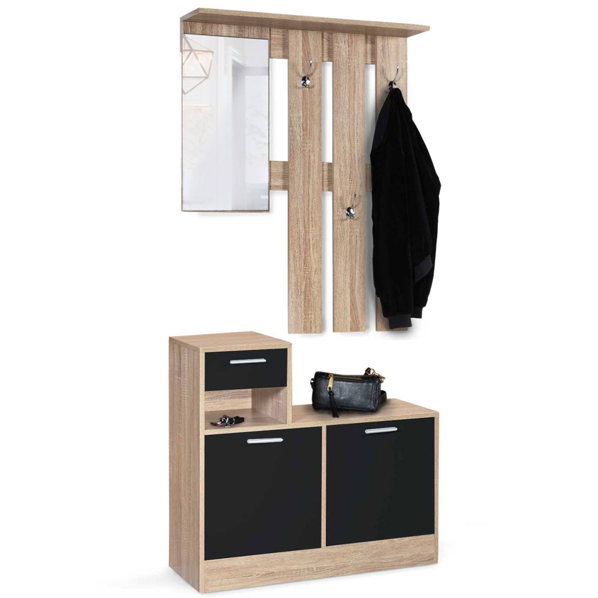 ID MARKET Vestiaire d'entrée avec miroir PAULIN design hêtre portes noires