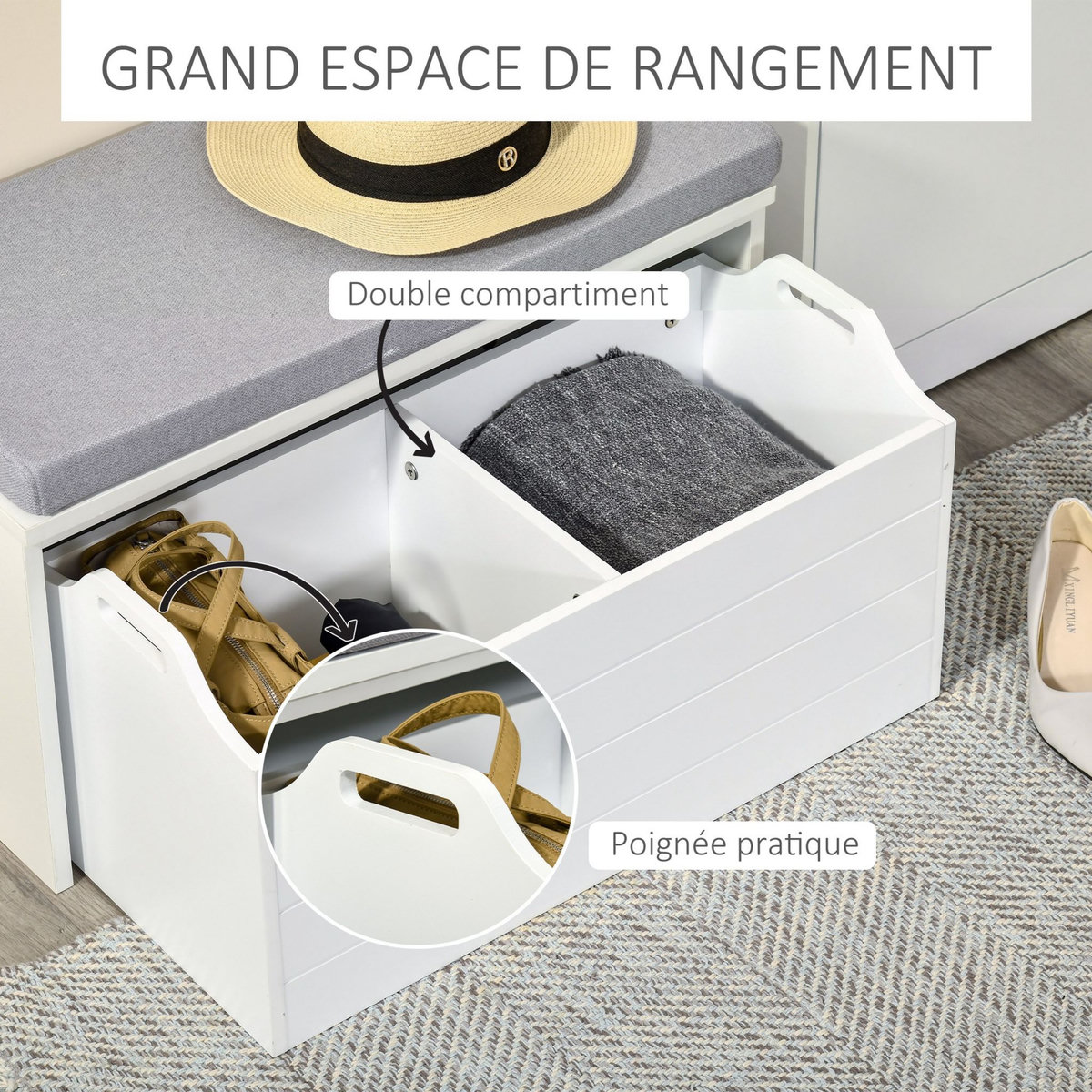 HOMCOM Banc de rangement avec coussin gris - meuble à chaussures - banc à chaussures avec grand tiroir double compartiment - MDF blanc