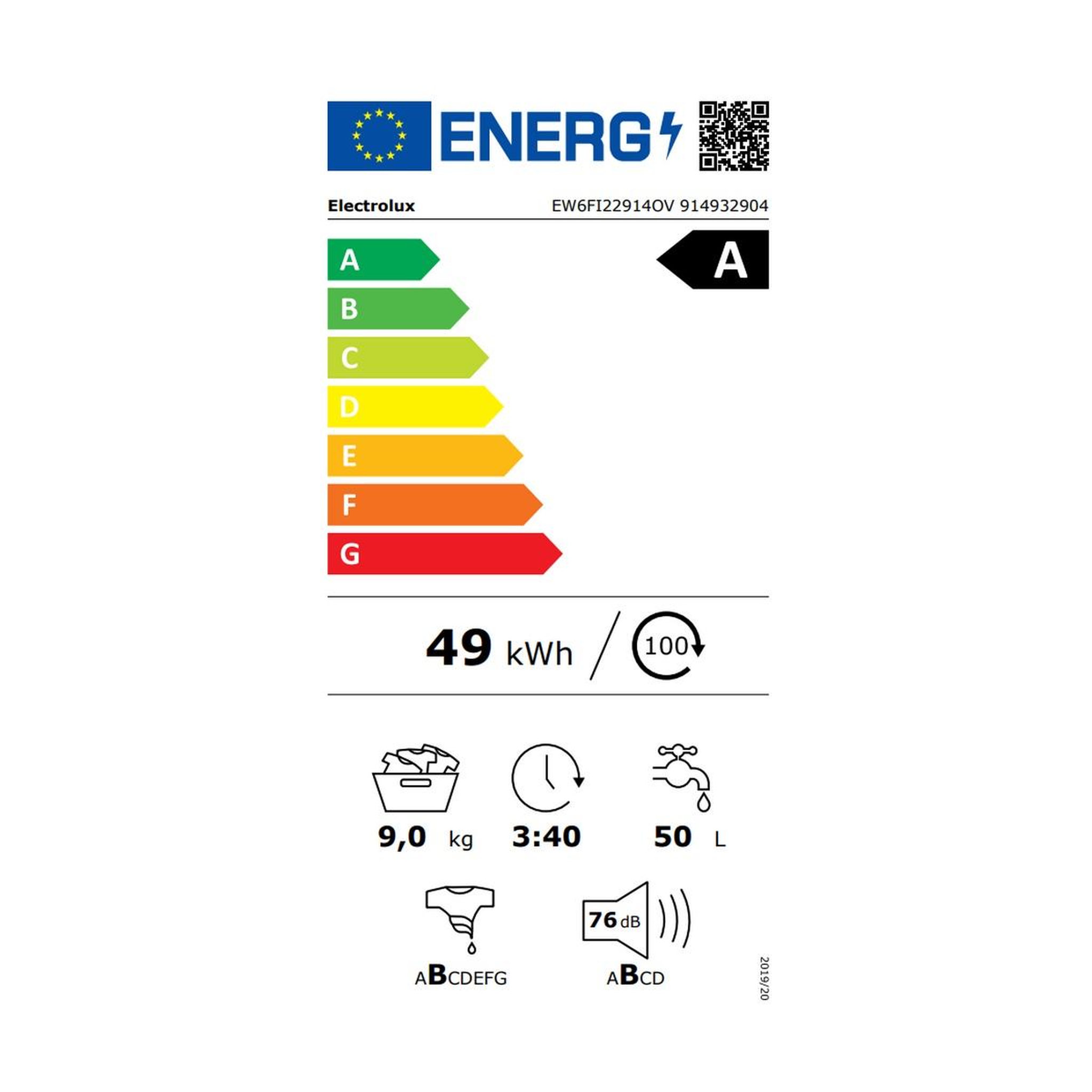 Voir la diapositive 2 : ELECTROLUX Lave-linge frontal 9kg 1400 tours/min - ew6fi1429ov