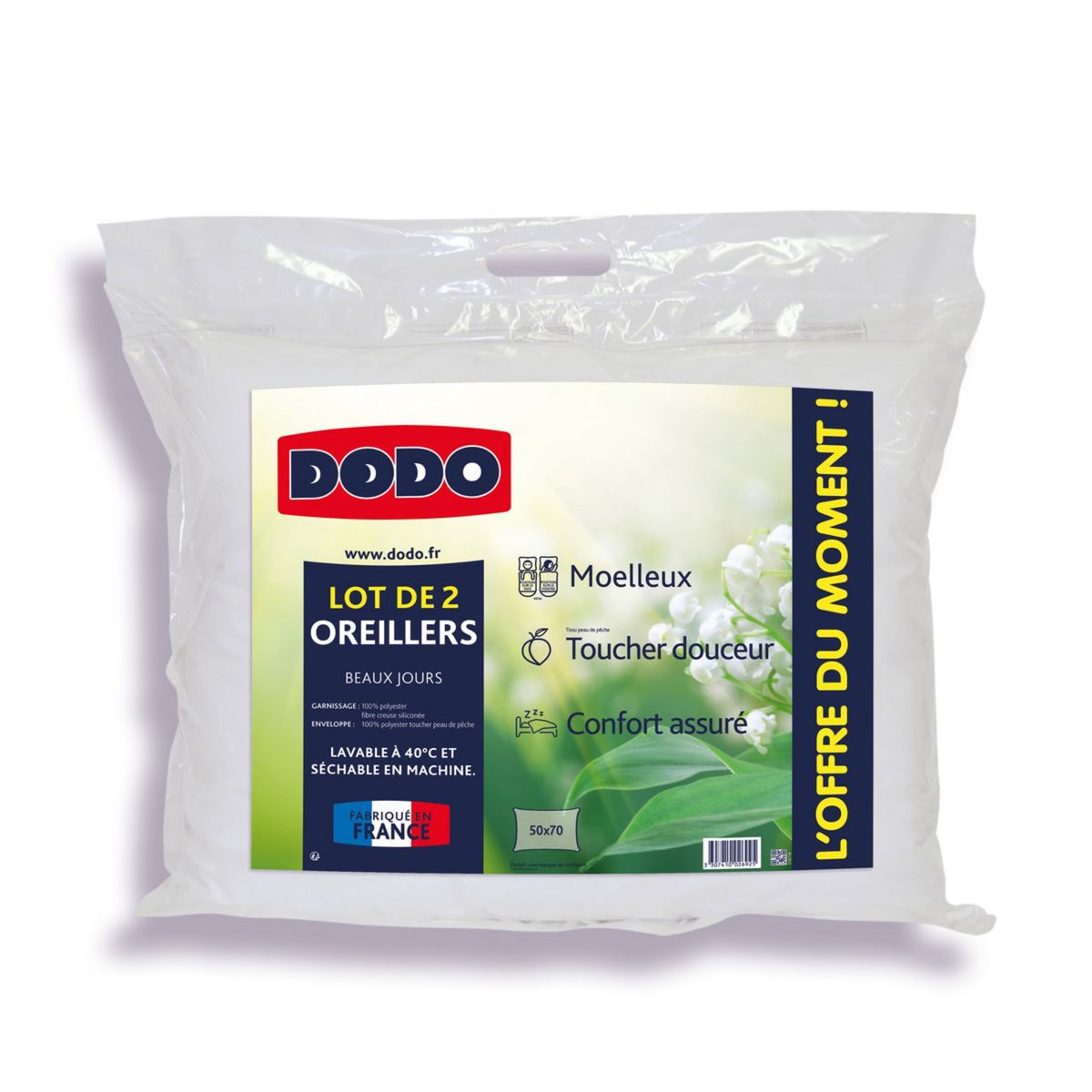 DODO Lot de 2 Oreillers confort Moelleux  toucher douceur BEAUX JOURS