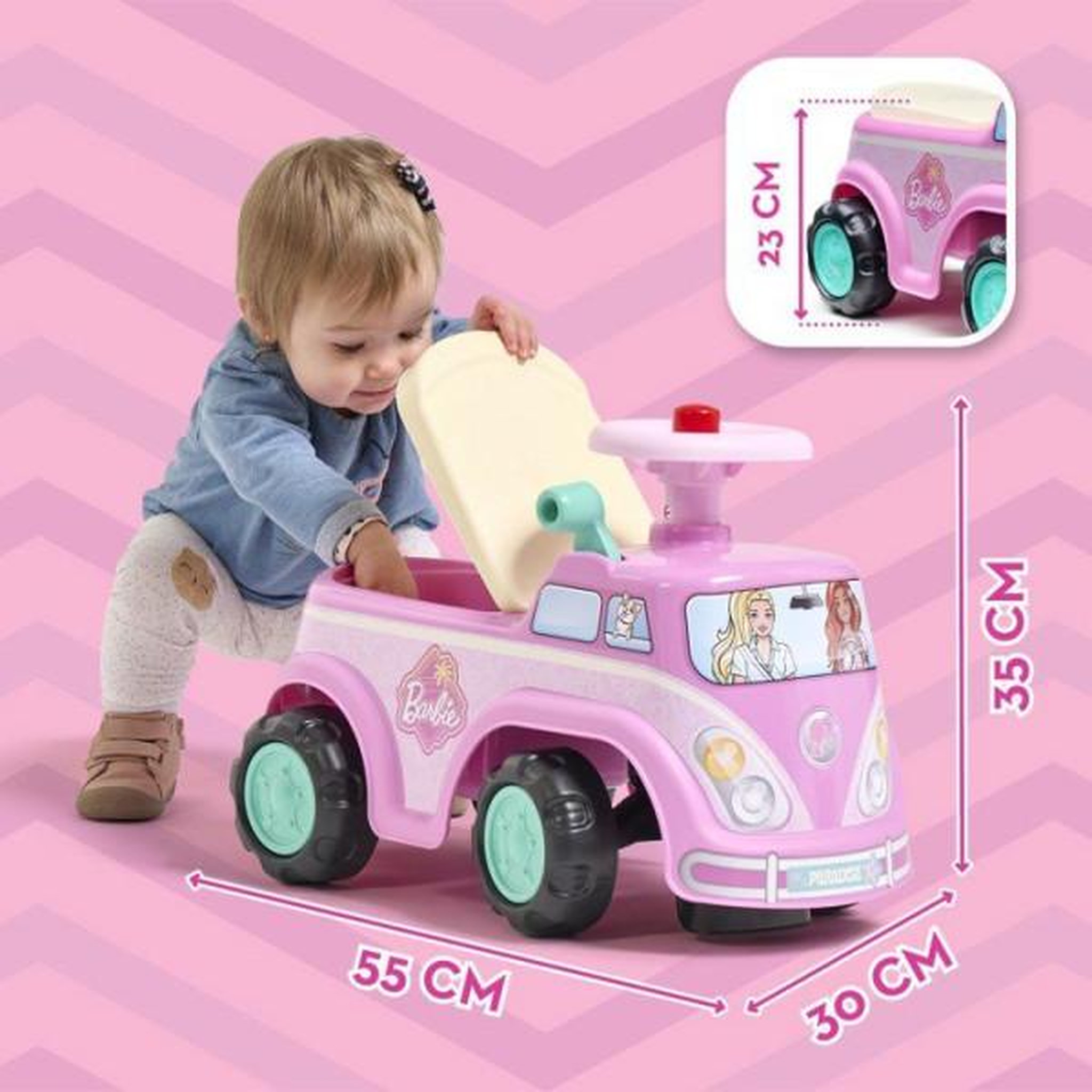 Voir la diapositive 5 : FALK Porteur trotteur  - falk - van rétro barbie - assise ouvrante - volant avec klaxon - plaque personnalisable - des 12 mois