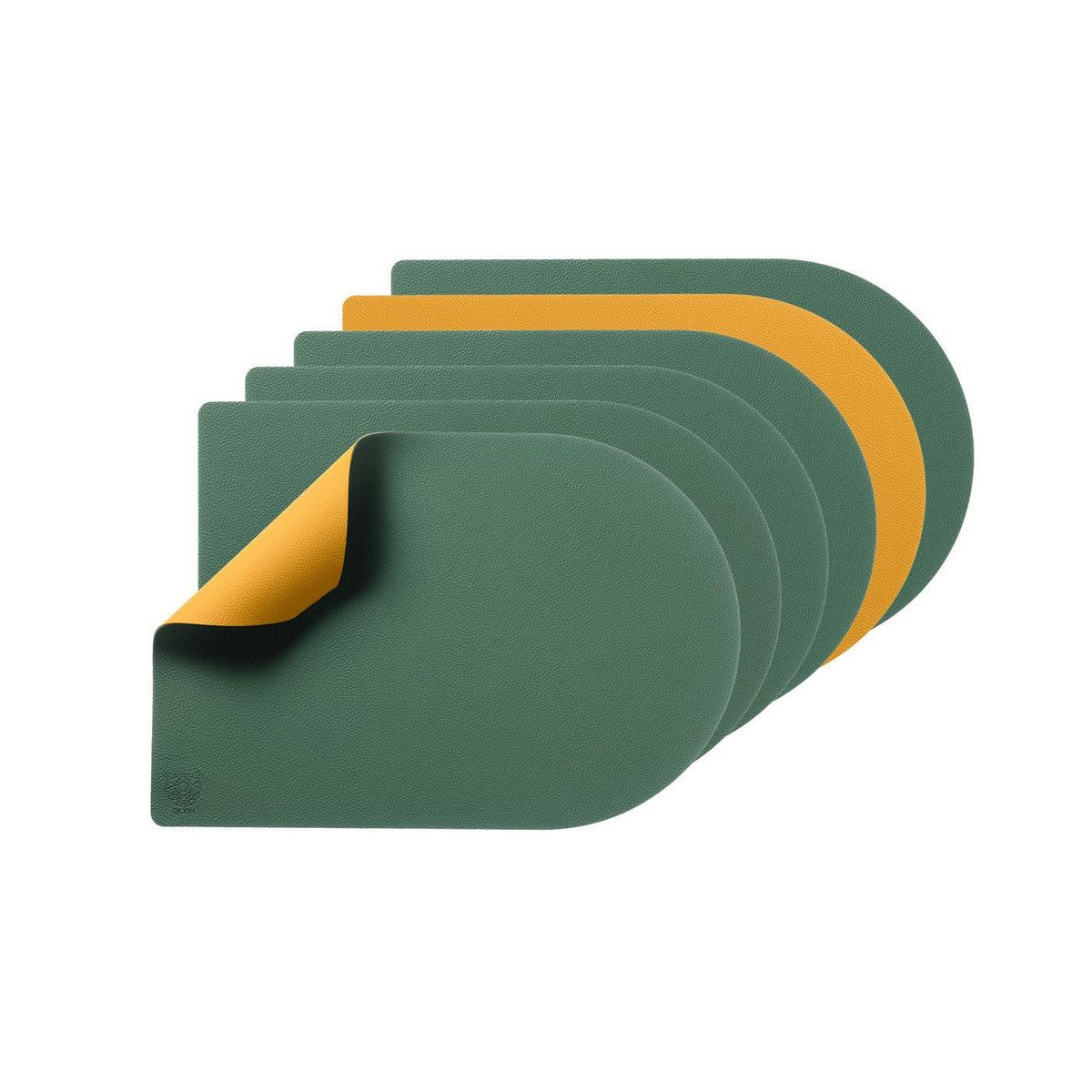 BJORN Set de table rectangovale réversible - 6 pièces - Cuir recyclé jaune moutarde et vert sapin
