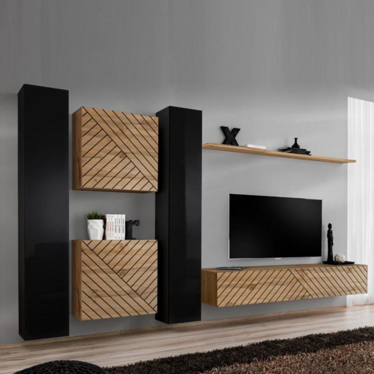 Paris Prix Ensemble Meuble TV  Switch Lamel VI  330cm Naturel & Noir