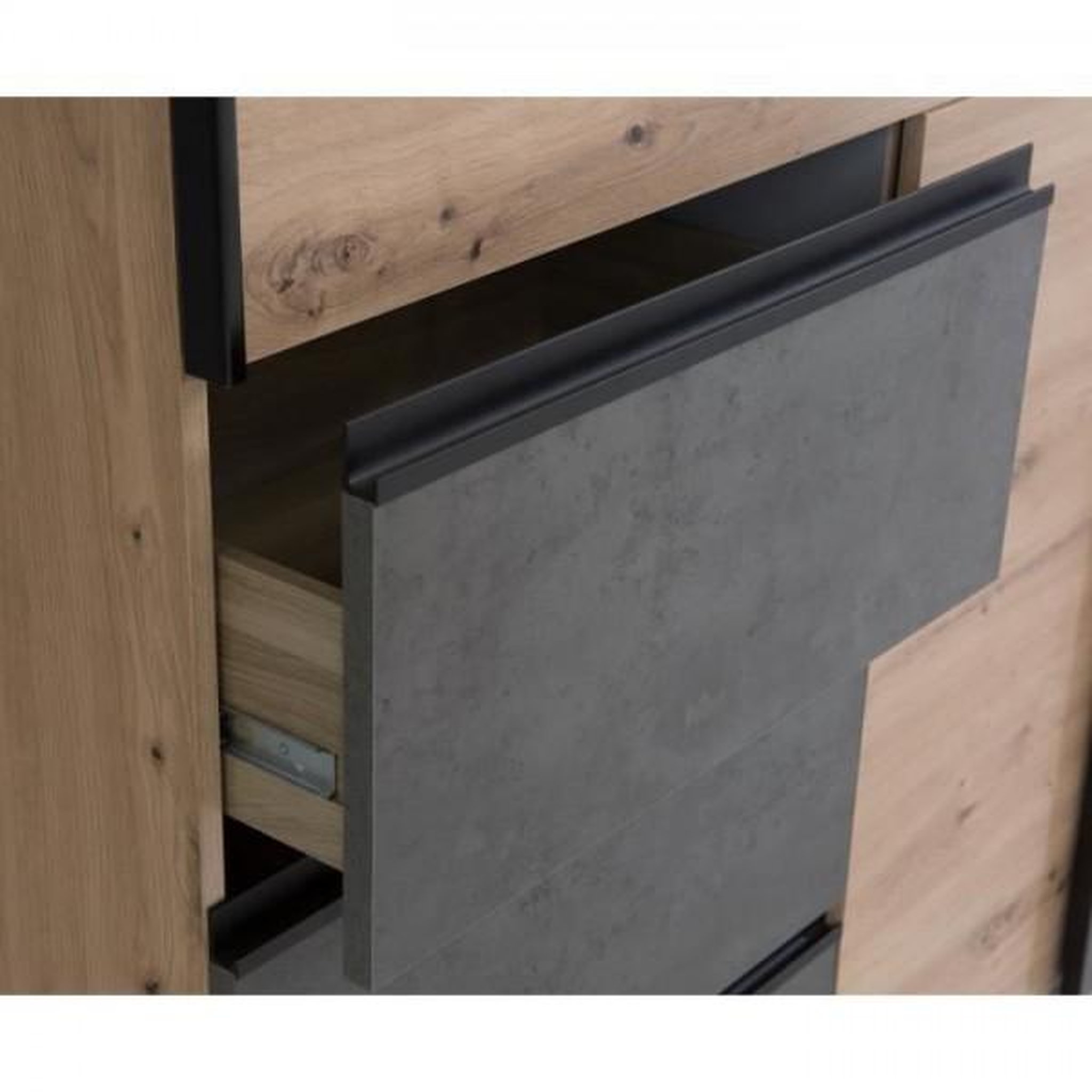 Voir la diapositive 5 : MARKET24 Armoire 2 portes coulissantes 3 tiroirs - Décor chene artisan et béton gris - L 200,1 x P 61,2 x H 200,5 cm - WINN2