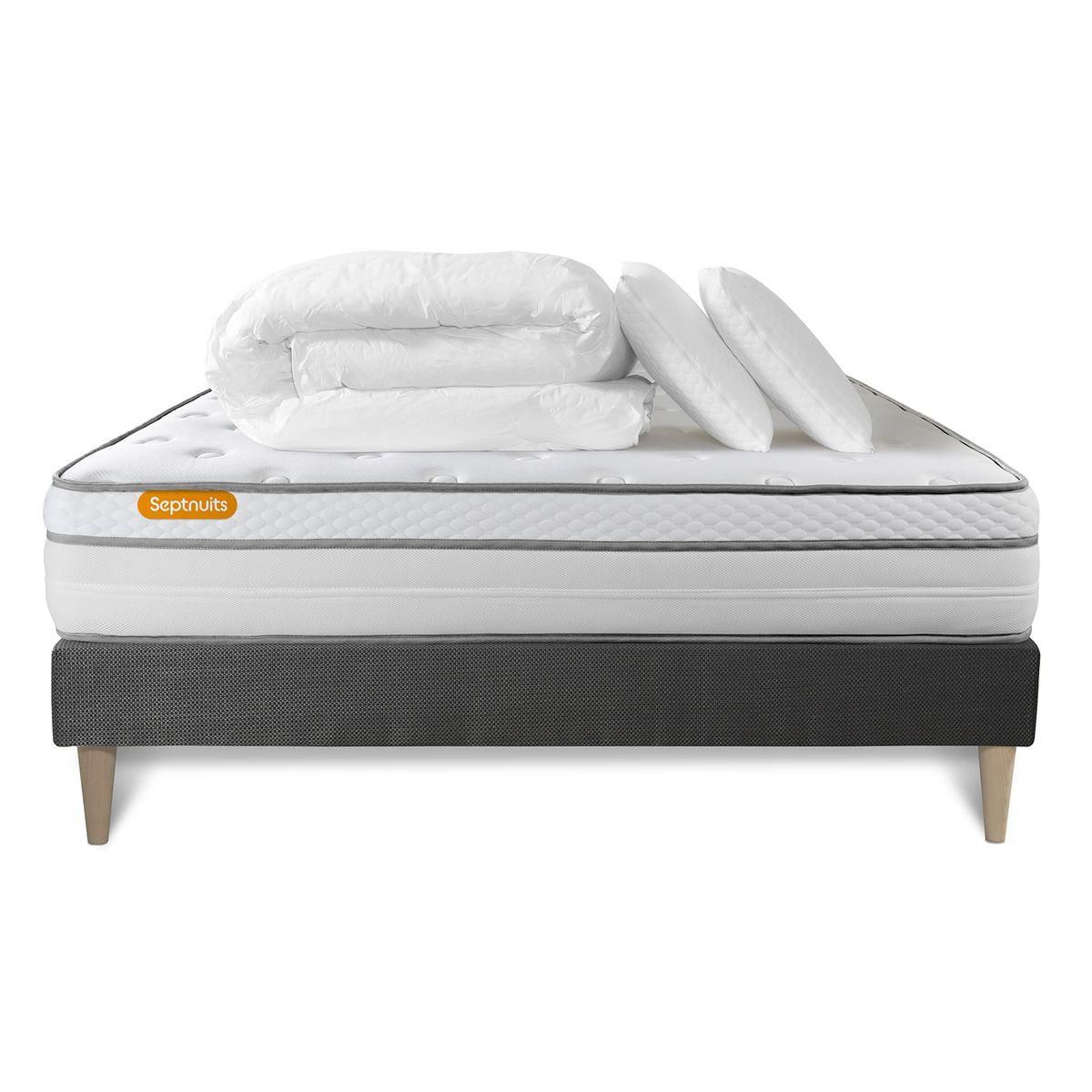 SEPTNUITS Pack matelas + sommier kit gris Memo Luxe Ressorts ensachés + mémoire de forme + Couette + 2 oreillers