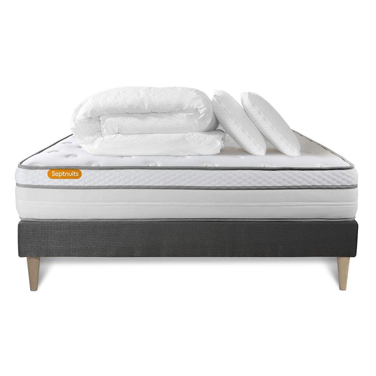 SEPTNUITS Pack matelas + sommier kit gris Memo Luxe Ressorts ensachés + mémoire de forme + Couette + 2 oreillers