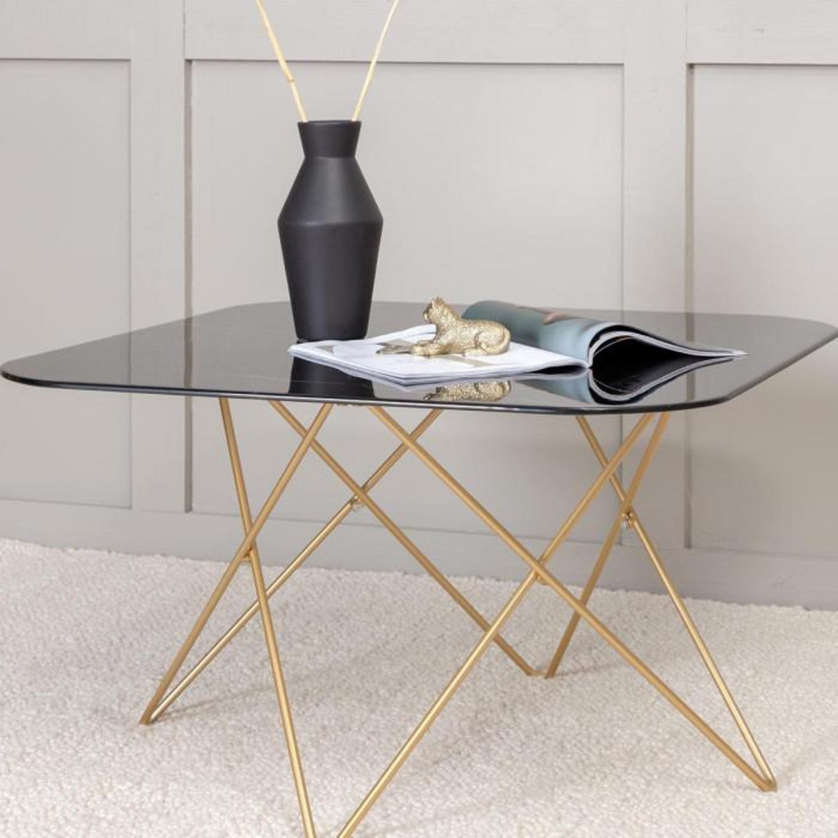 Paris Prix Table Basse en Verre Marbré  Tristar  80cm Noir & Or