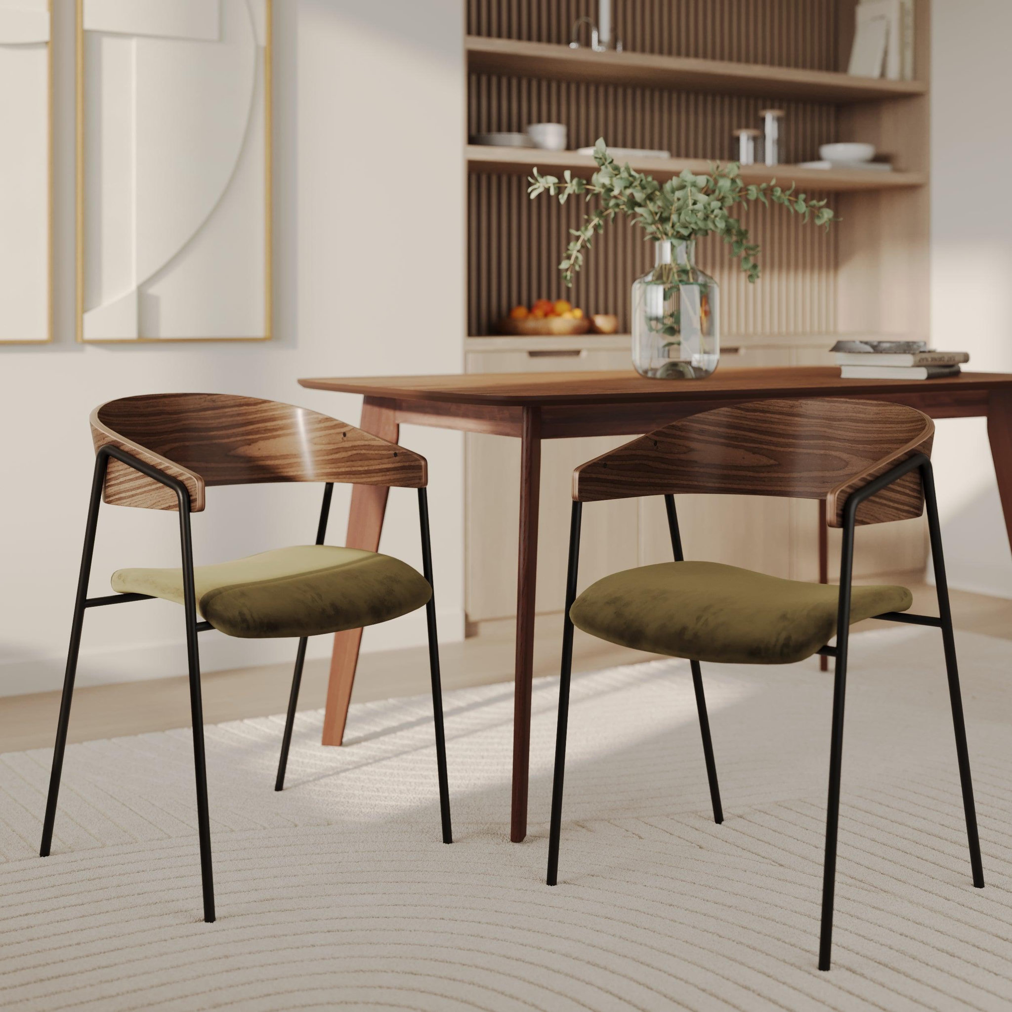 Voir la diapositive 2 : MAISON PAVANE Lot de 2 chaises en velours vert kaki et bois de noyer-esmée