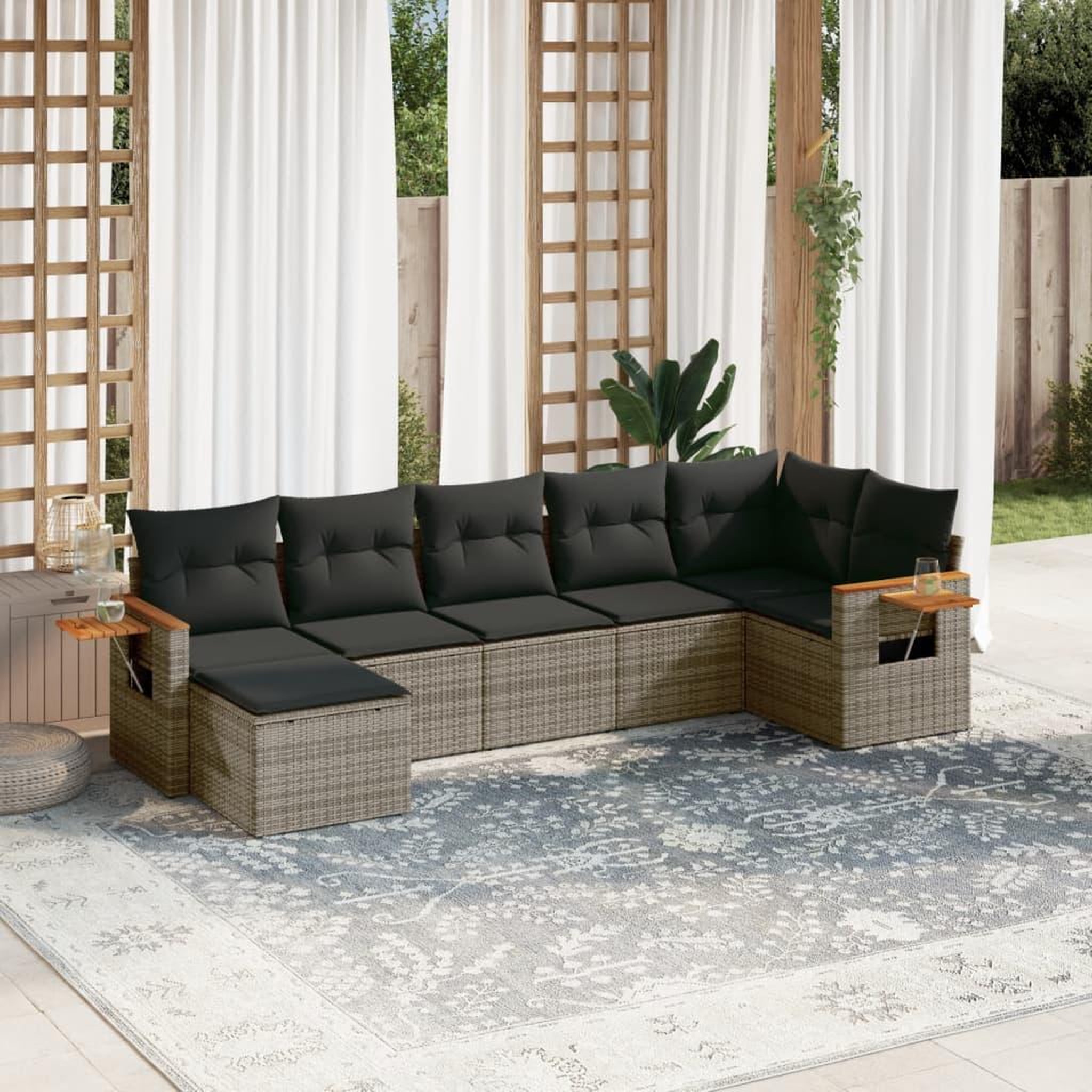 VIDAXL Salon de jardin avec coussins 7 pcs gris resine tressee