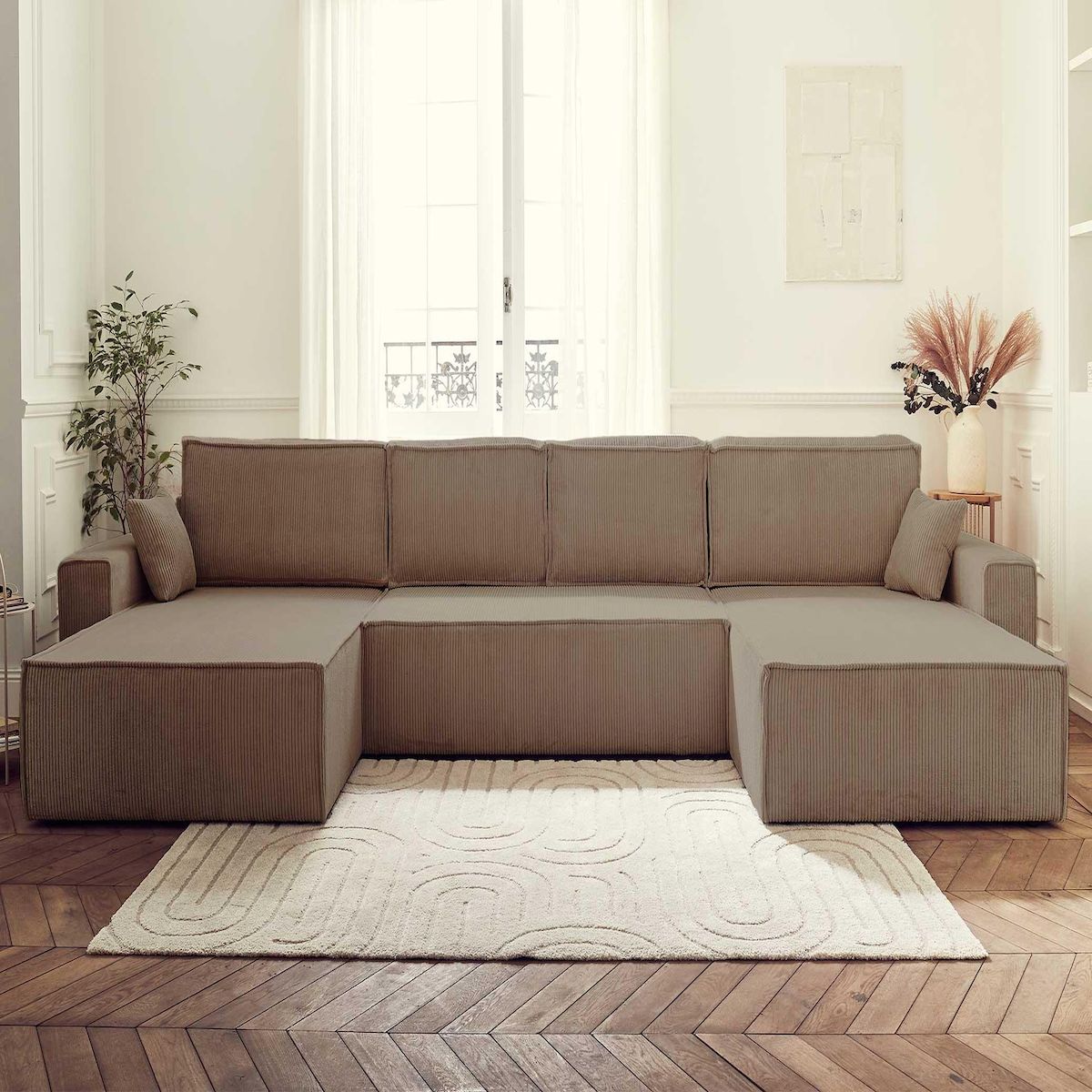 BEST MOBILIER Dellia - canapé panoramique en u - 7 places - convertible - avec coffre - en velours côtelé