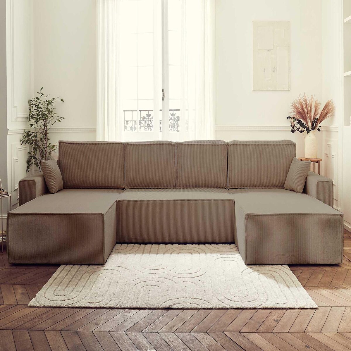 BEST MOBILIER Dellia - canapé panoramique en u - 7 places - convertible - avec coffre - en velours côtelé