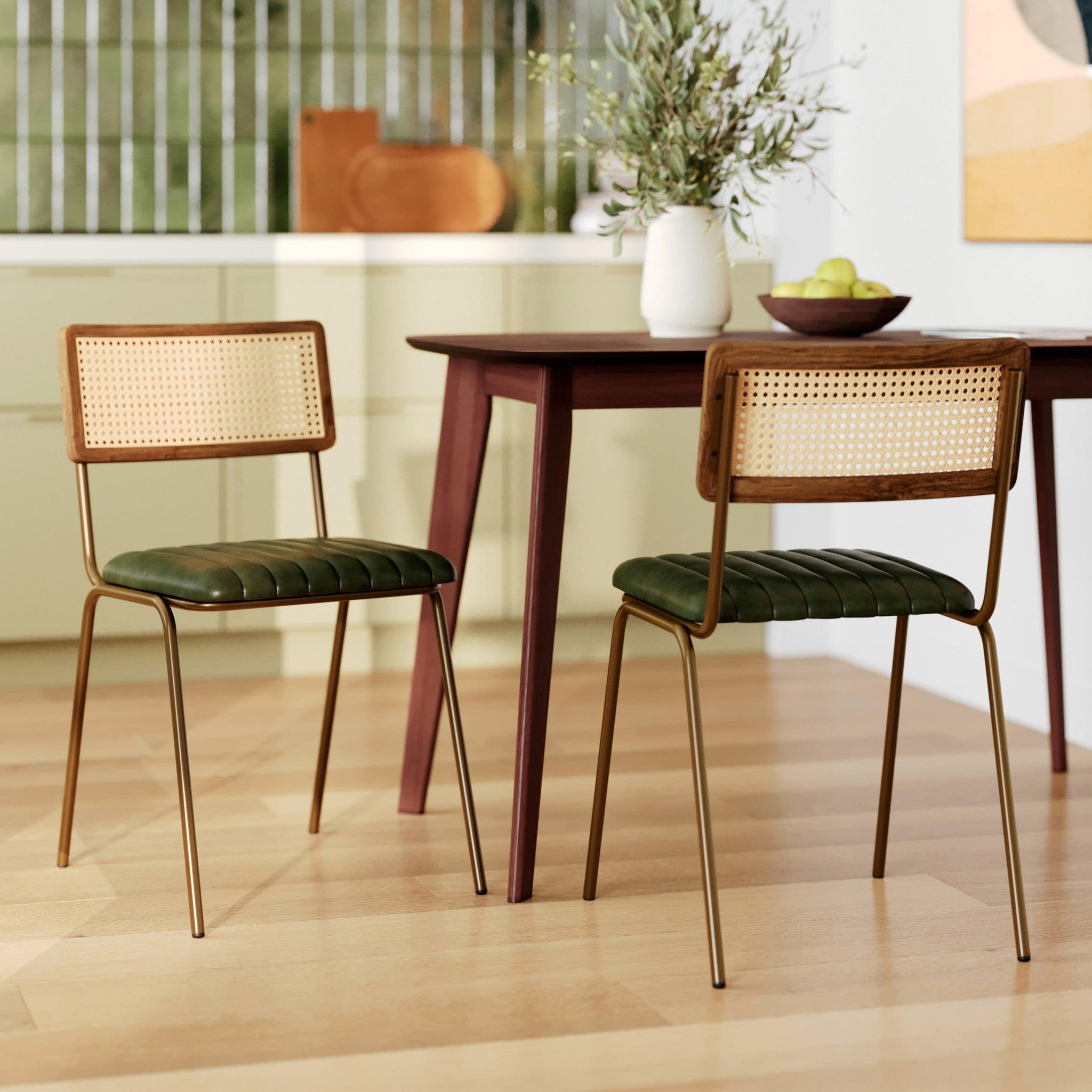 Voir la diapositive 2 : MAISON PAVANE Lot de 2 chaises en cannage et cuir vert-arsène