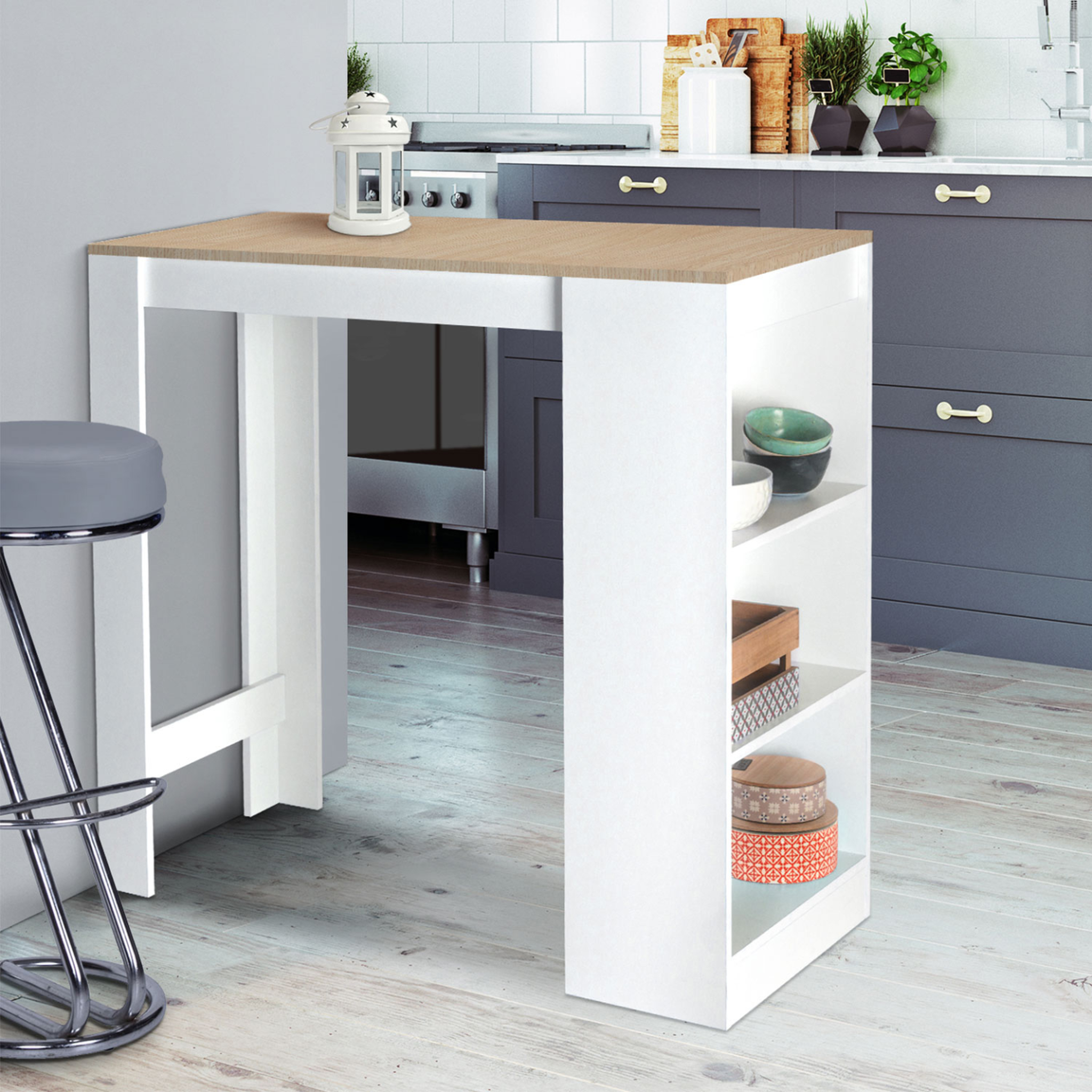 Voir la diapositive 2 : ID MARKET Table de bar barth 2 à 4 personnes bois blanc plateau façon hêtre