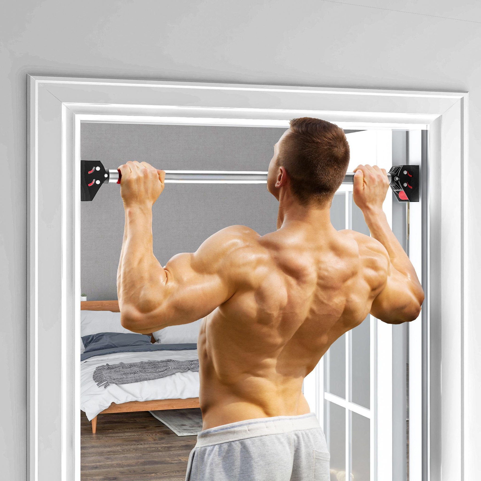 Voir la diapositive 4 : HOMCOM Barre de traction - barre de porte - pull up bar - barre d'étirement musculation pour cadres de porte sans vis - longueur ajustable (75-92cm)