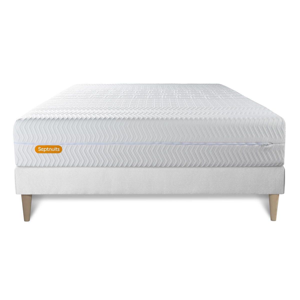 SEPTNUITS Matelas + sommier kit blanc Memo Bio Mousse à mémoire de forme Maxi épaisseur Déhoussable