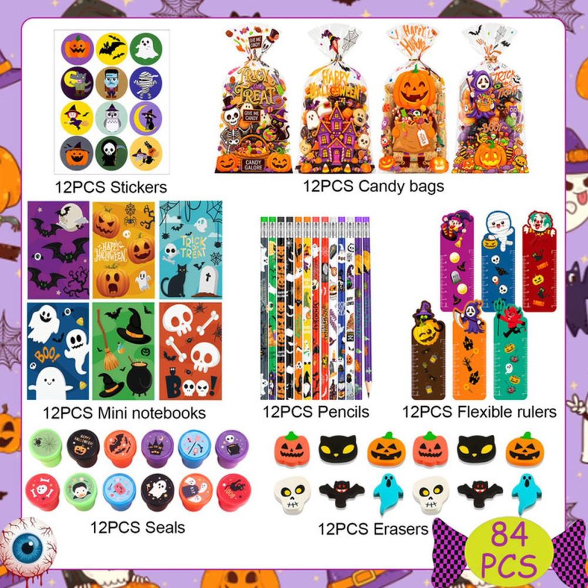 Voir la diapositive 2 : Kit de remplissage pour piñata Halloween 84 pièces : stickers, badges, sacs à bonbons et accessoires
