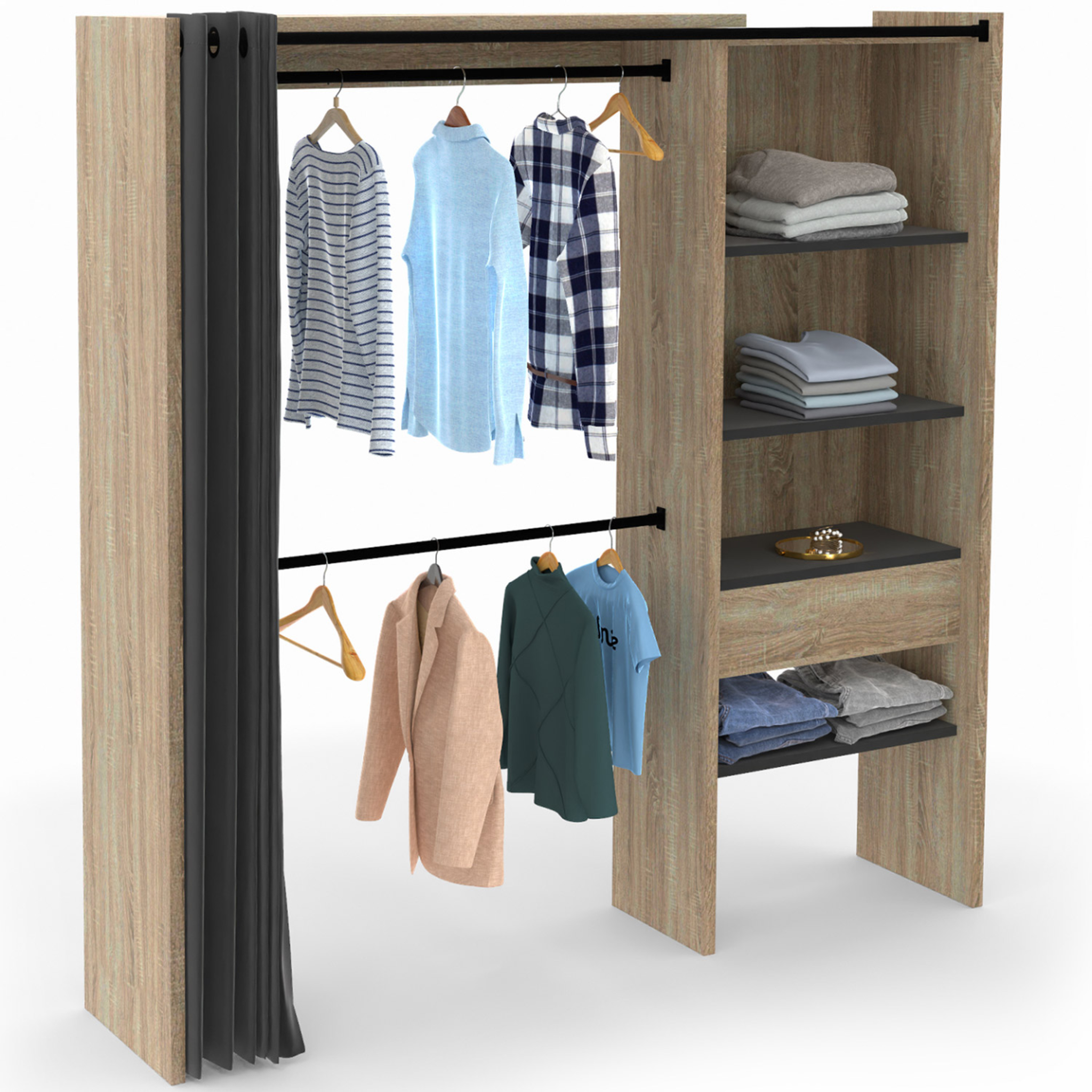 ID MARKET Dressing extensible marty 120/170 x 50 x 180 cm hêtre avec étagères + double penderie + rideau noir