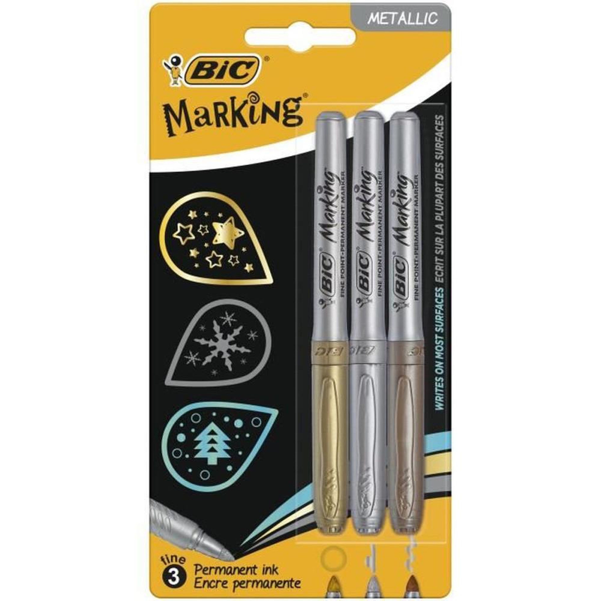 BIC Marqueurs à effet métallique (lot de 3) pointe biseau moyenne encre à l'alcool couleurs argent, or et cuivre