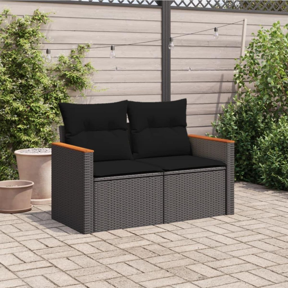 VIDAXL Canape de jardin avec coussins 2 places noir resine tressee