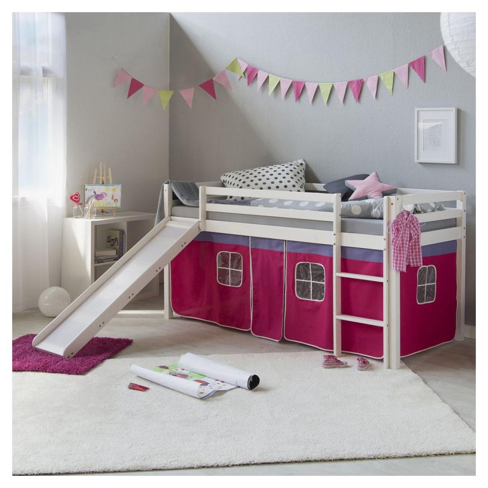 Voir la diapositive 3 : HomeStyle4U Lit mi-hauteur avec rideaux rose et toboggan