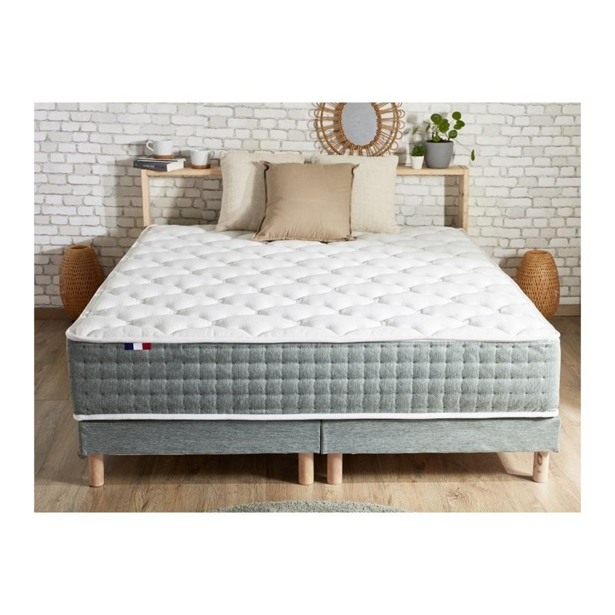 Ensemble matelas 792 Ressorts 7 zones Face hiver/été 160x200 cm + 2 sommiers 80x200 cm vert Céladon HYGGE