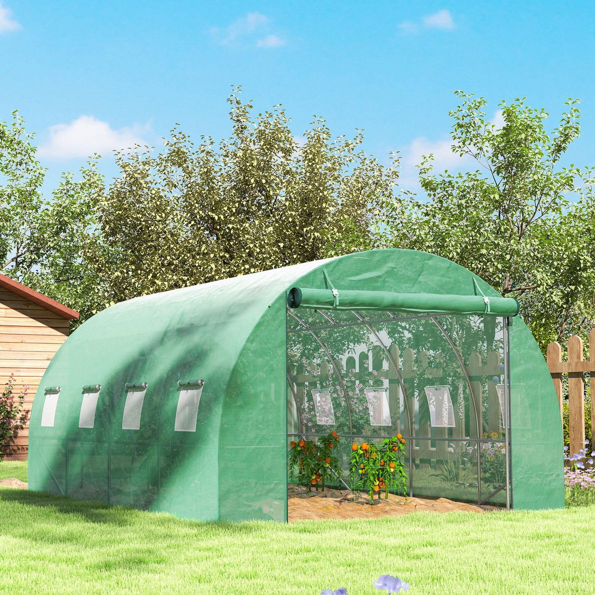 OUTSUNNY Serre de jardin 12 m² - porte zippée enroulable, 8 fenêtres - acier galvanisé PE haute densité 170 g/m² vert