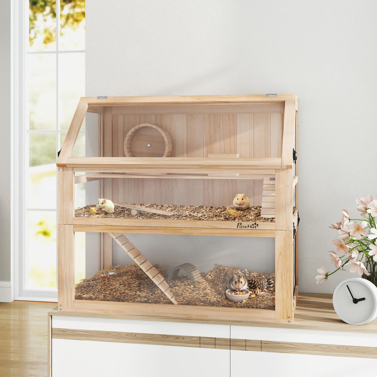 PAWHUT Cage rongeur hamster en bois dim.80x50x76cm 3 niveaux rampes roue bascule cabane