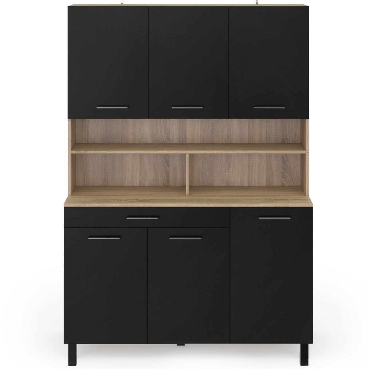 ID MARKET Buffet de cuisine 120 CM CINA 6 portes + tiroir façon hêtre et noir