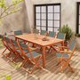 SWEEEK Salon de jardin en bois Almeria, grande table extensible 200 à 300cm rectangulaire 2 fauteuils 8 chaises eucalyptus et textilène