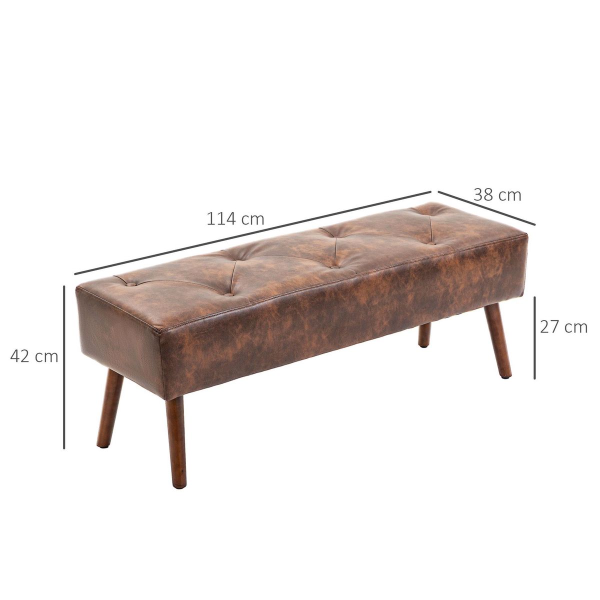HOMCOM Banc banquette capitonnée style classique chic bois hévéa revêtement synthétique marron effet vieilli