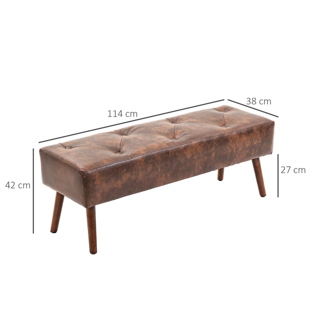 HOMCOM Banc banquette capitonnée style classique chic bois hévéa revêtement synthétique marron effet vieilli