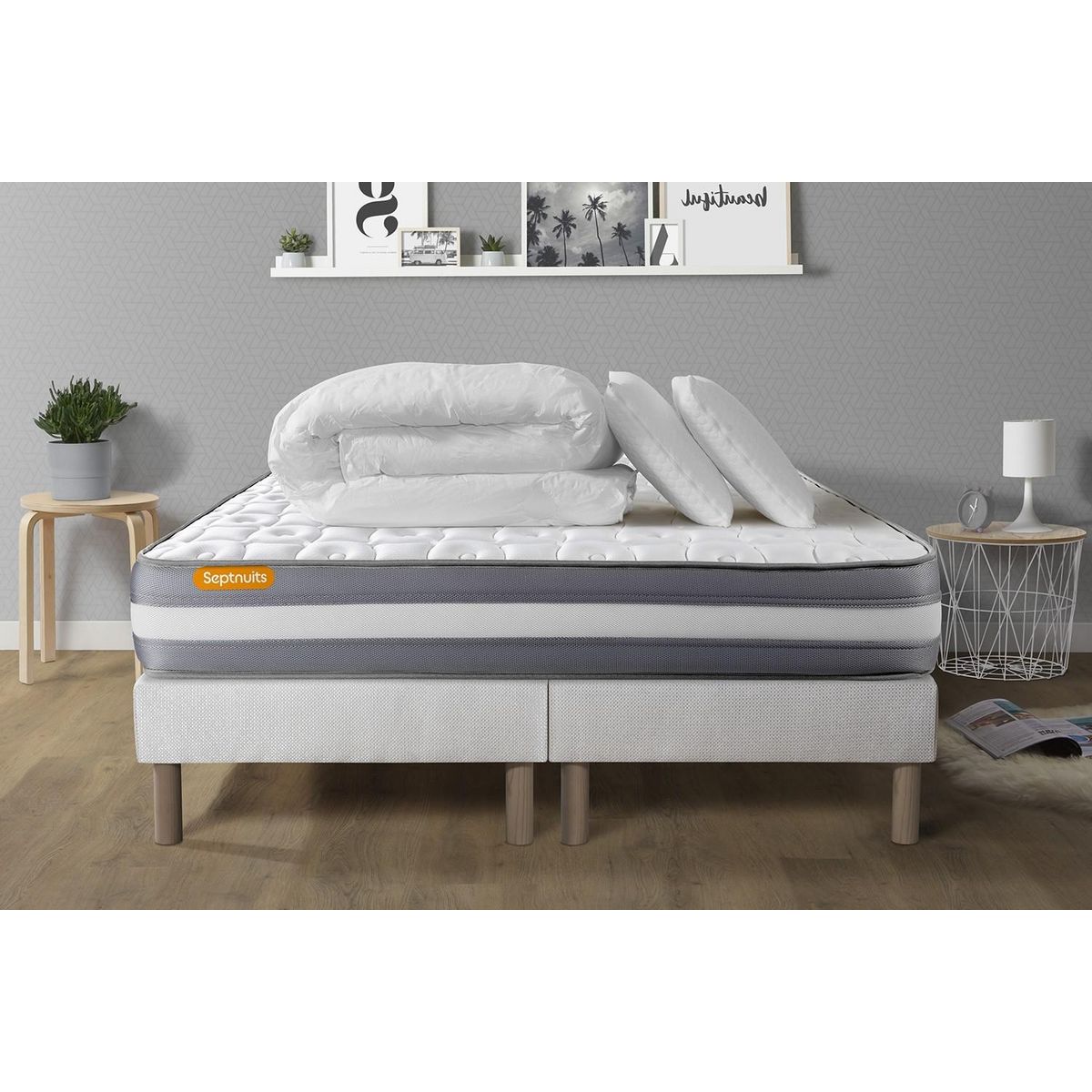 SEPTNUITS PACK matelas + double sommier Memo Plus Mémoire de forme 3 zones + 2 oreillers + couette
