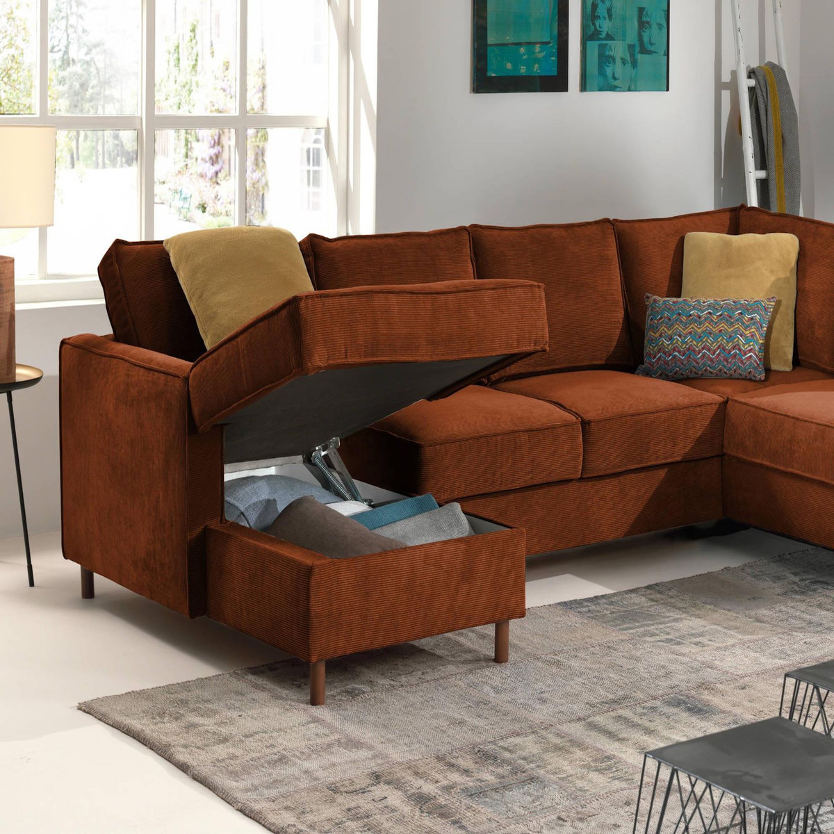 LISA DESIGN Jake - canapé panoramique d'angle droit - convertible avec coffre - 7 places - en velours côtelé