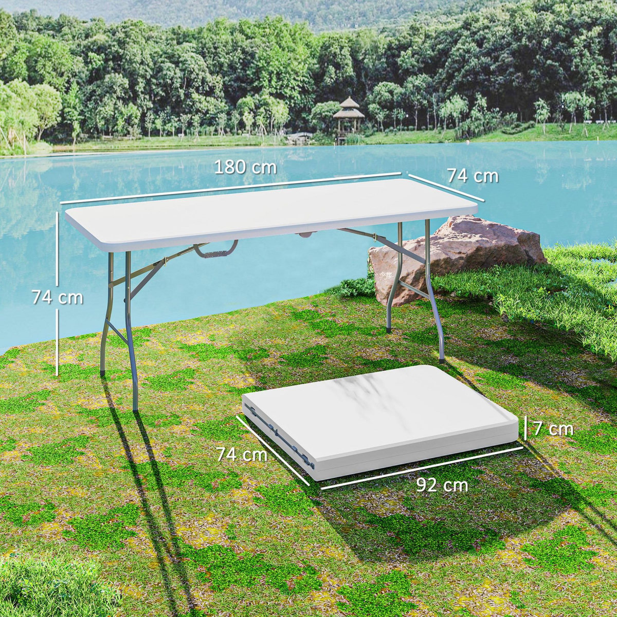 OUTSUNNY Table pliante de camping jardin dim. 180 x 74 x 74 cm avec poignée métal époxy gris HDPE blanc