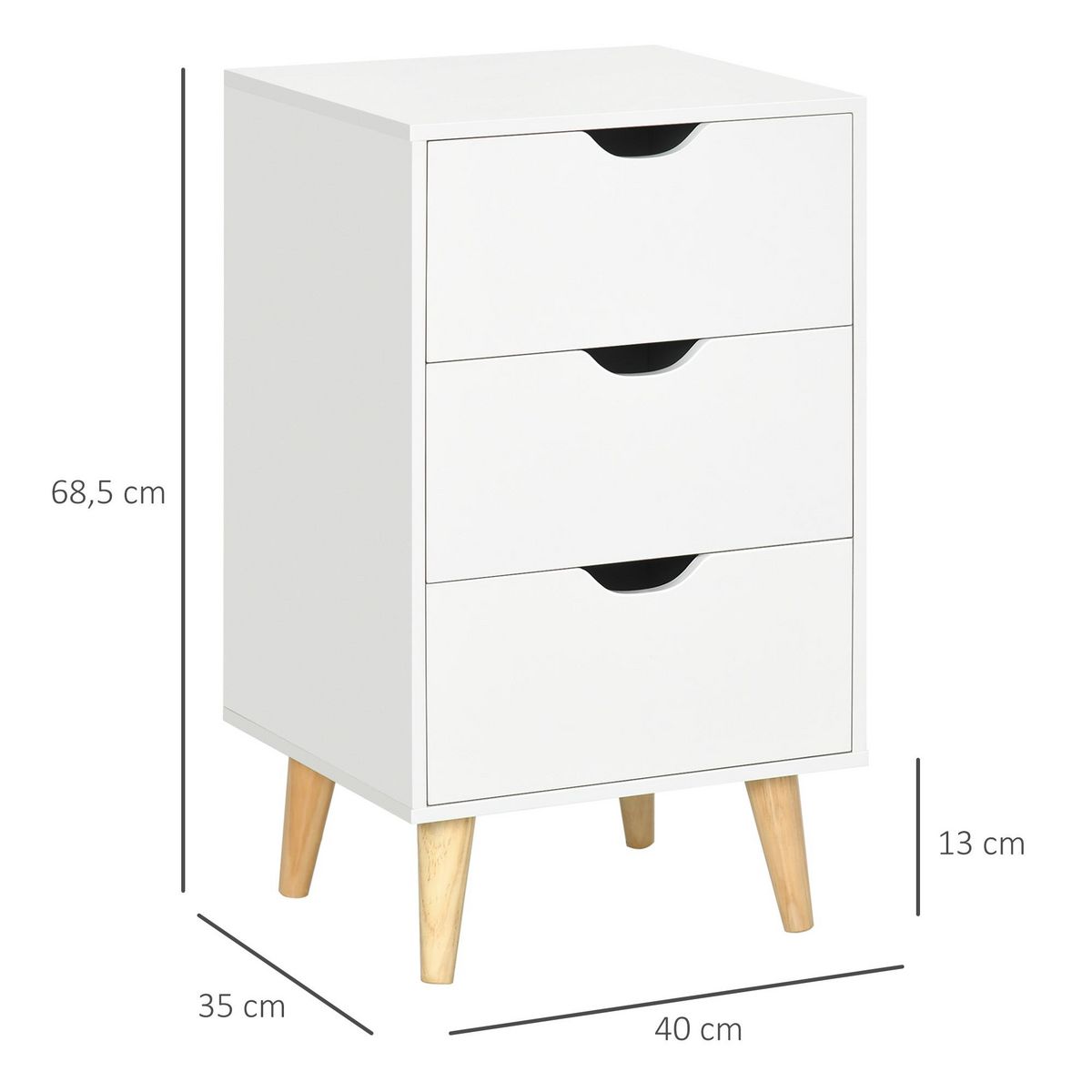 HOMCOM Meuble de rangement chiffonnier 3 tiroirs design scandinave piètement effilé incliné bois pin panneaux blanc