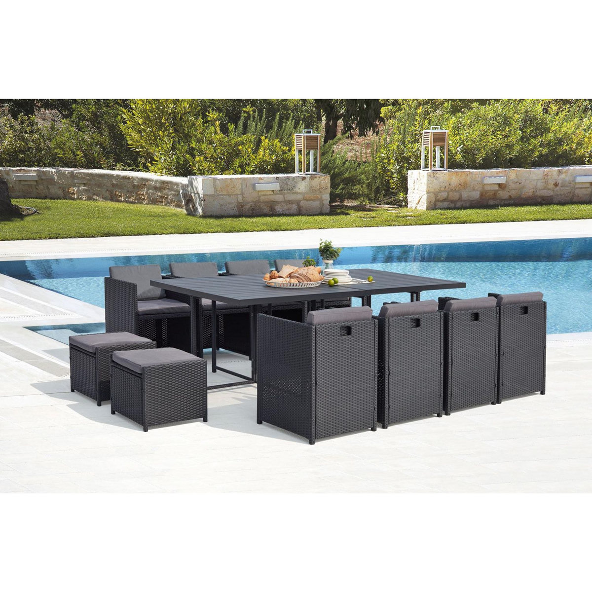 CONCEPT USINE Table et chaise 12 places encastrables alu résine noir-gris SUNSET