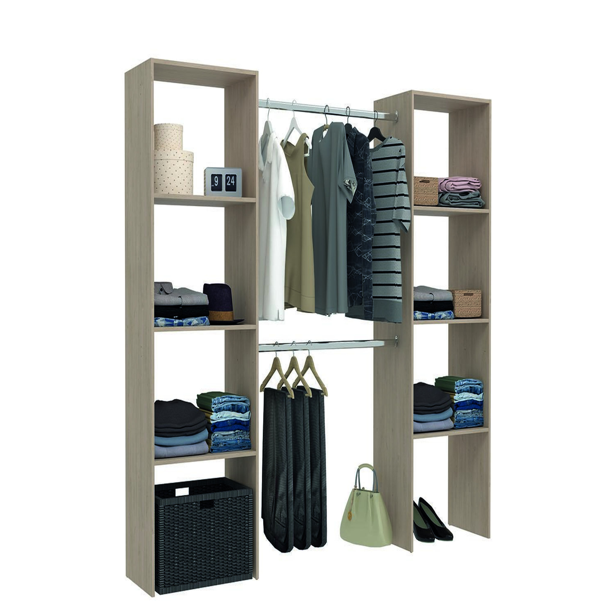 Voir la diapositive 2 : CONCEPT USINE Dressing bois avec 6 étagères et 2 penderies : 220 x 40 x 180 cm elysee