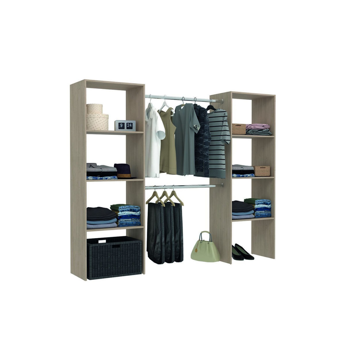 CONCEPT USINE Dressing bois avec 6 étagères et 2 penderies : 220 x 40 x 180 cm ELYSEE