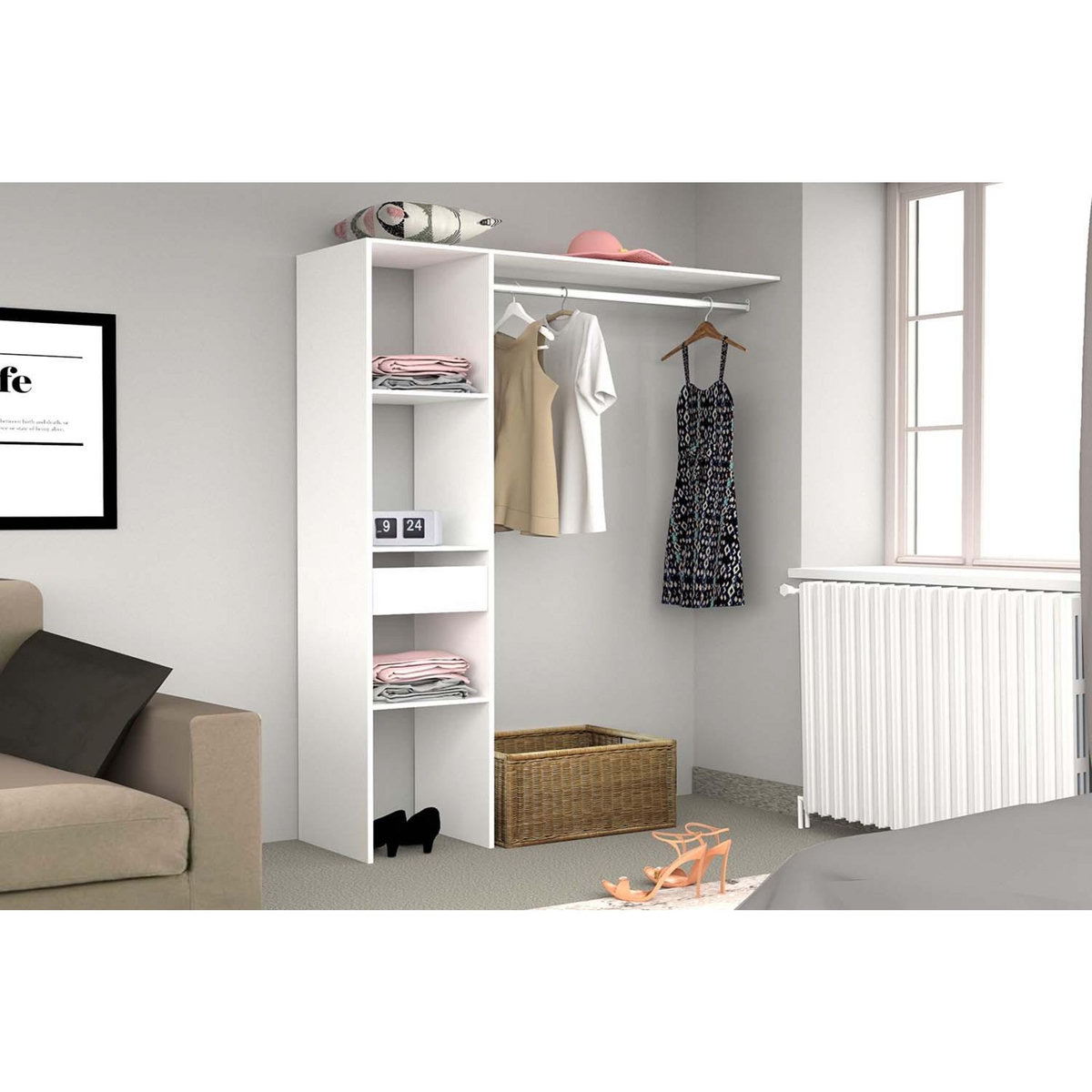 CONCEPT USINE Dressing blanc 3 étagères, 1 tiroir, penderie 138 x 40 x 180 cm ELYSEE
