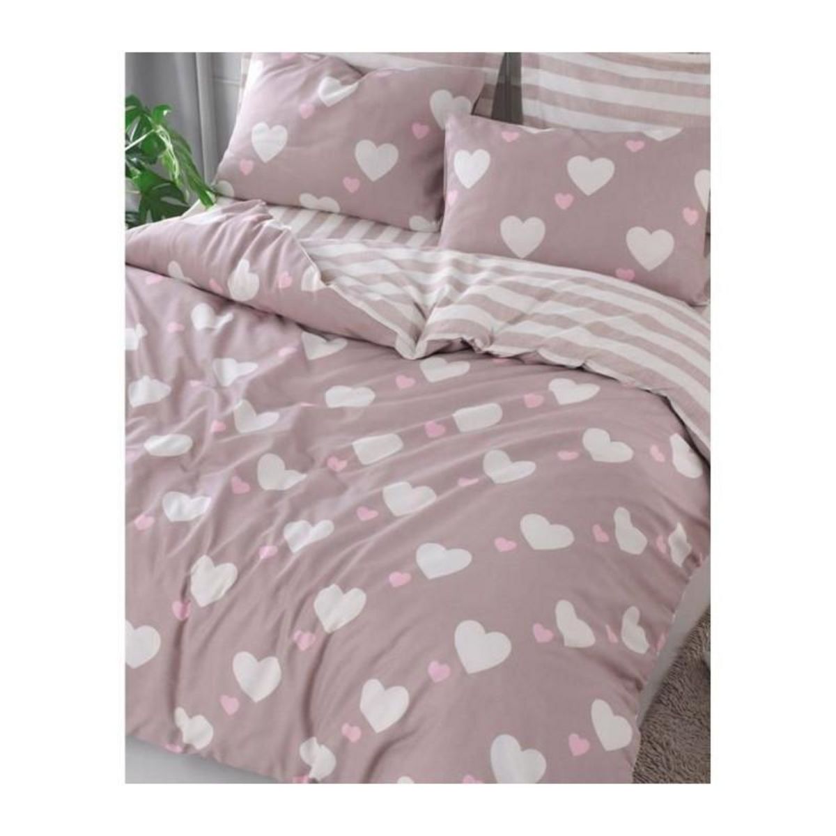 GENERIQUE Parure de lit - 1 housse de couette 220 x 240 cm + 2 taies d'oreiller 60 x 60 cm - 65% coton, 35% polyester - Rose