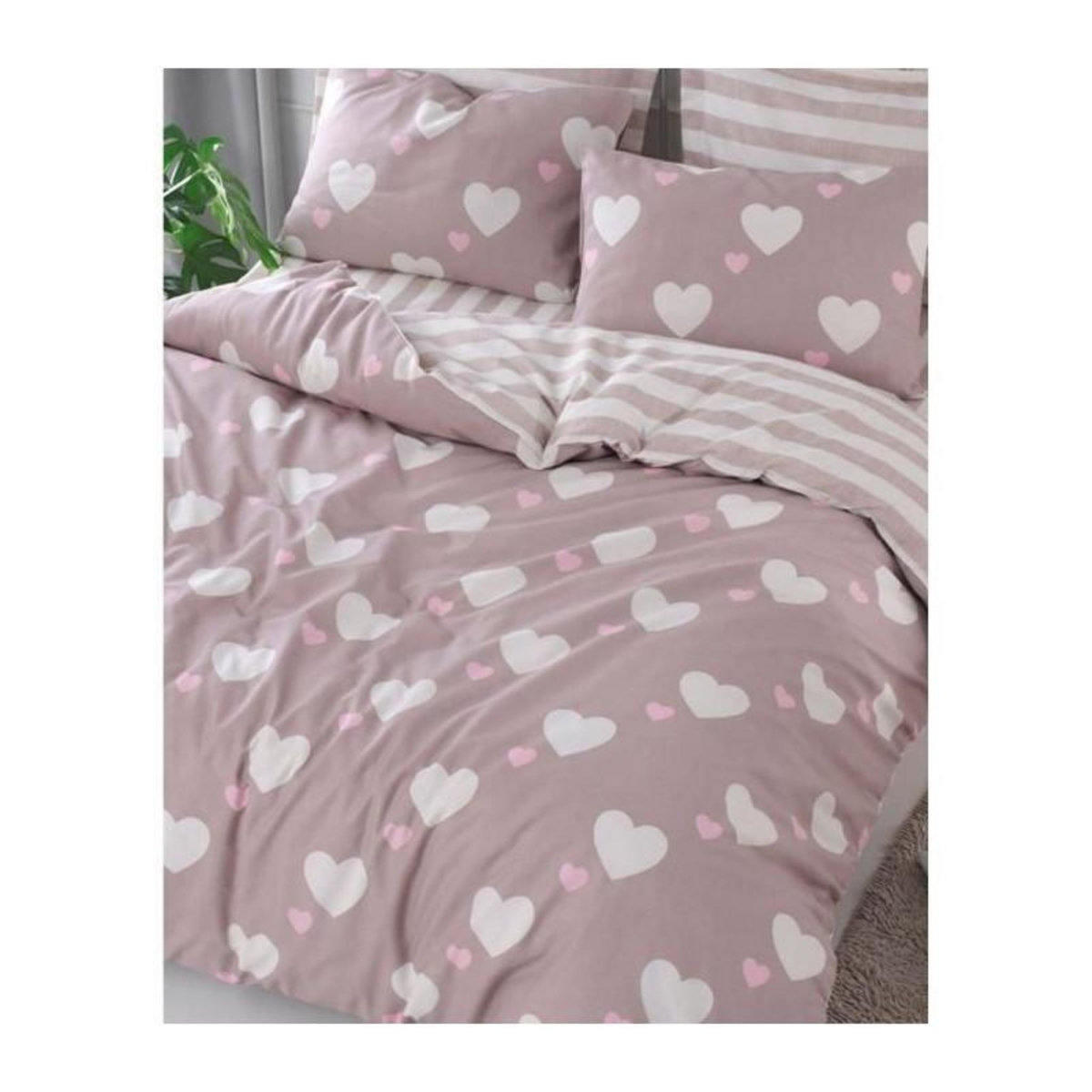 GENERIQUE Parure de lit - 1 housse de couette 220 x 240 cm + 2 taies d'oreiller 60 x 60 cm - 65% coton, 35% polyester - Rose