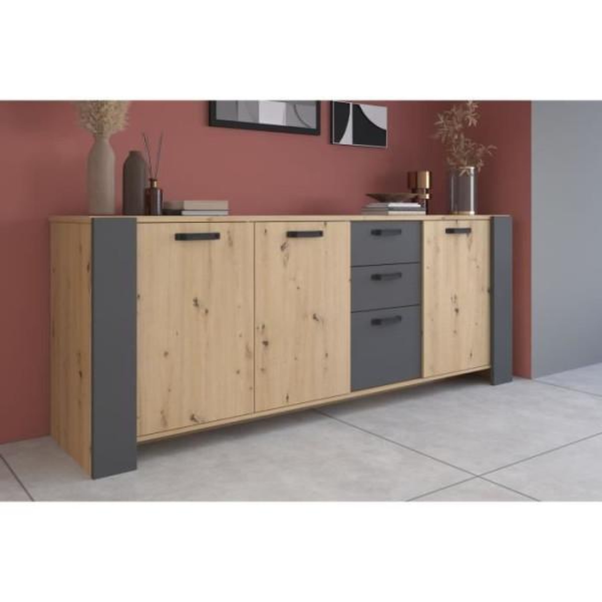 Voir la diapositive 2 : PARISOT Ensemble enfilade + table LOFT - PARISOT - Chene Artisan et gris - 3 portes - 8 personnes